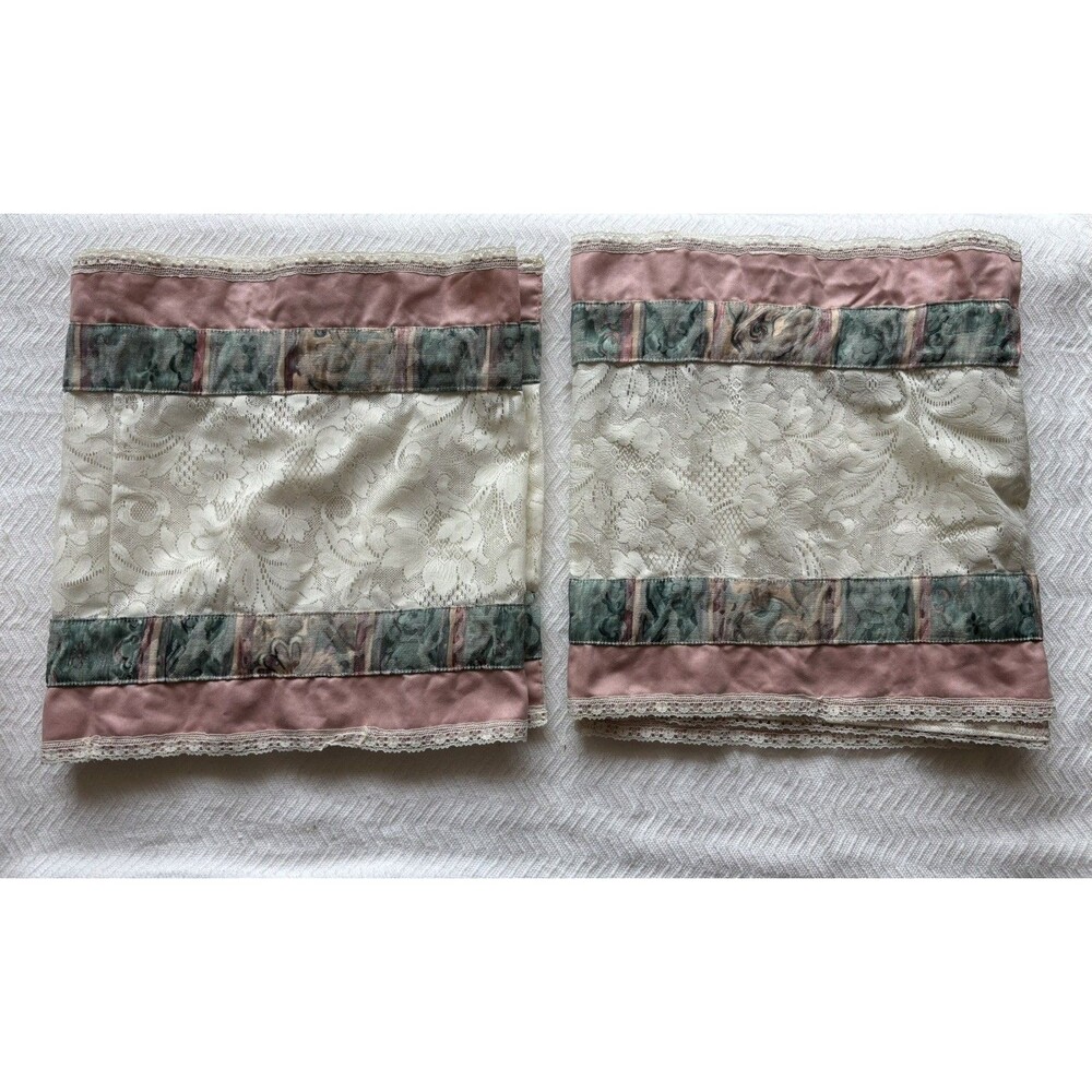 Pair of 2 VTG 80’s 90’s Double Rod Pocket Valances Lace Floral Pink Cottagecore
